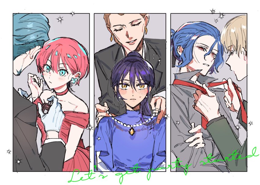 3boys, 3girls, amate_yuzuriha, aqua_eyes, bare_shoulders, black_jacket, blazer, blonde_hair, blue_dress, blue_hair, bottle, challia_bull, char_aznable, choker, collared_shirt, commentary_request, dress, dressing, dressing_another, earrings, english_text, evening_gown, flower_earrings, formal_clothes, gloves, gown, green_hair, grey_shirt, gundam, gundam_gquuuuuux, highres, ichimi_0831, jacket, jewelry, kycilia_zabi, long_sleeves, multicolored_hair, multiple_boys, multiple_girls, necklace, necktie, nyaan_(gundam_gquuuuuux), off_shoulder, orange_hair, pearl_necklace, perfume_bottle, ponytail, popped_collar, purple_hair, putting_on_jewelry, red_choker, red_dress, red_eyes, red_hair, red_necktie, shirouzu_(gundam), shirt, shuji_ito, sweatdrop, two-tone_hair, tying_necktie, white_gloves, yellow_eyes