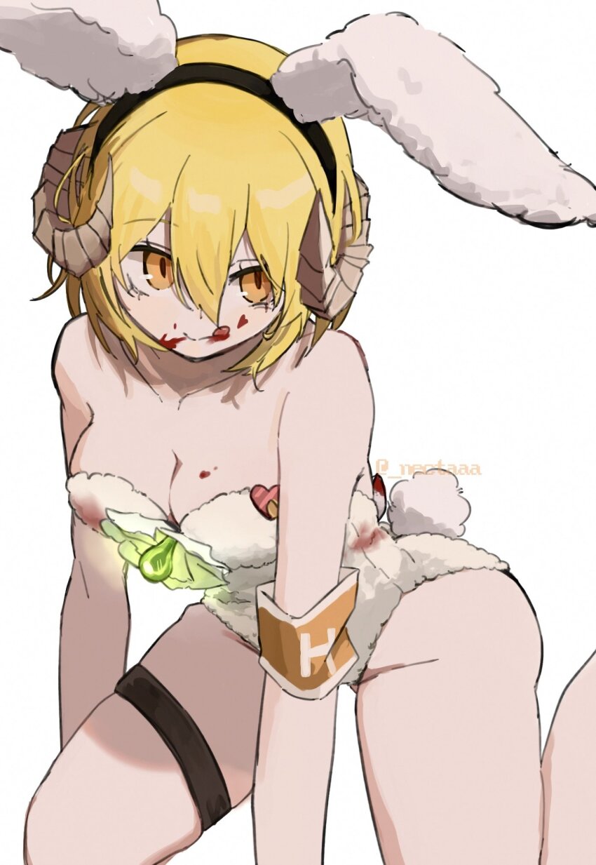 1girl, alternate_costume, animal_ear_hairband, animal_ears, armband, blonde_hair, blood, blood_on_face, breasts, cleavage, don_quixote_(project_moon), e.g.o_(project_moon), fake_animal_ears, fake_tail, flower, goat_horns, hairband, highres, horns, lantern_(e.g.o), leotard, limbus_company, lobotomy_corporation_(identity)_(project_moon), looking_at_viewer, nectaaa, orange_armband, playboy_bunny, project_moon, rabbit_ear_hairband, rabbit_ears, rabbit_tail, short_hair, simple_background, sitting, solo, strapless, strapless_leotard, tail, tongue, tongue_out, upper_body, white_background, white_flower, white_leotard, yellow_eyes