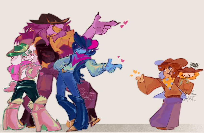 1girl, 2boys, 2others, absurdres, bandana, belt_buckle, black_boots, black_hat