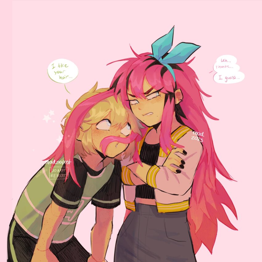 1boy, 1girl, alternate_costume, alternate_universe, artist_name, aubrey_(faraway)_(omori), aubrey_(omori), basil_(faraway)_(omori)