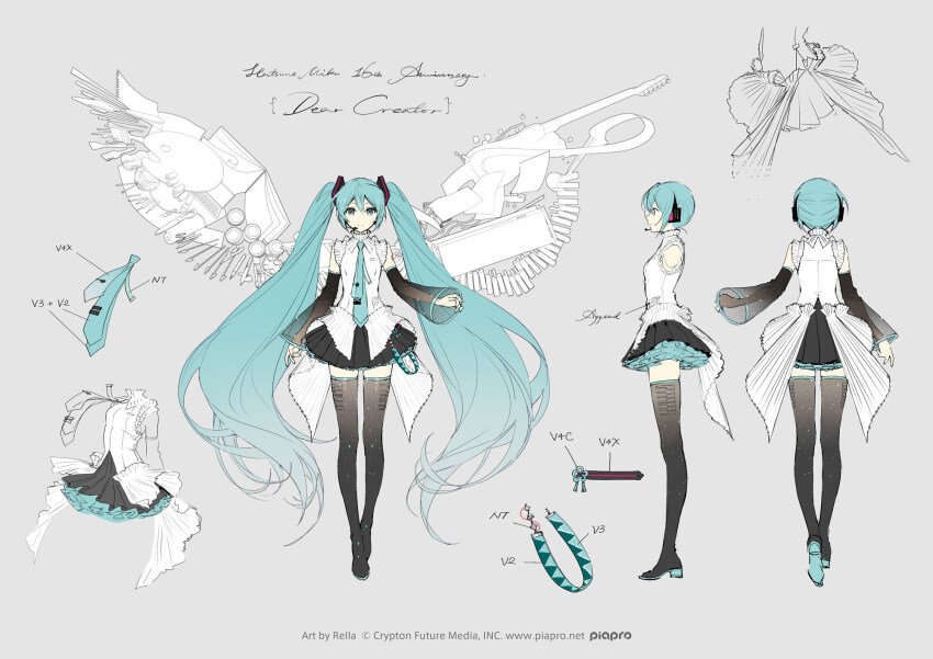 1girl, aqua_hair, aqua_necktie, art_brush, artificial_wings, black_skirt, black_sleeves, black_thighhighs