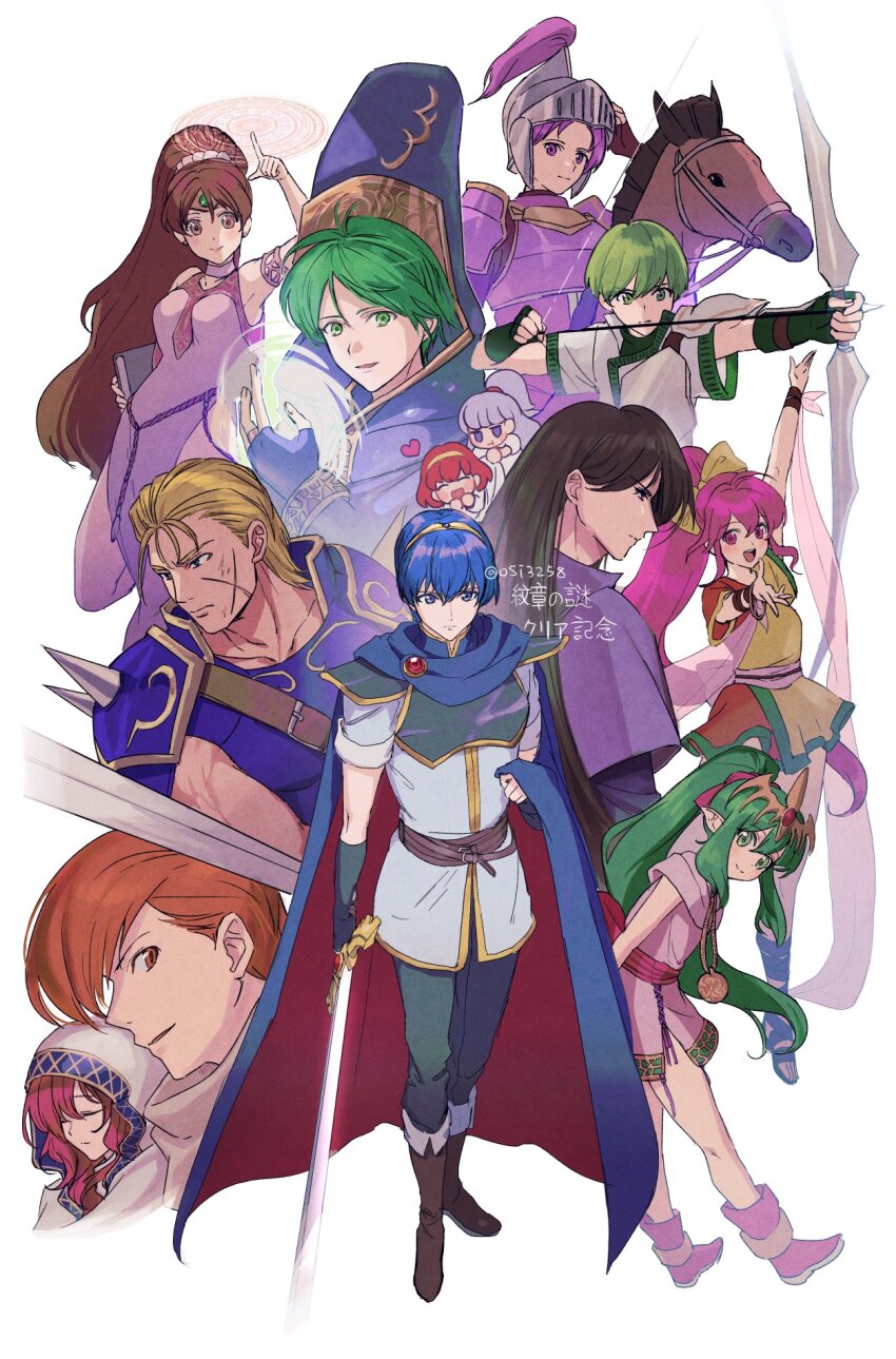 6+boys, 6+girls, :d, arm_up, blue_hair, brown_eyes, brown_hair, closed_eyes