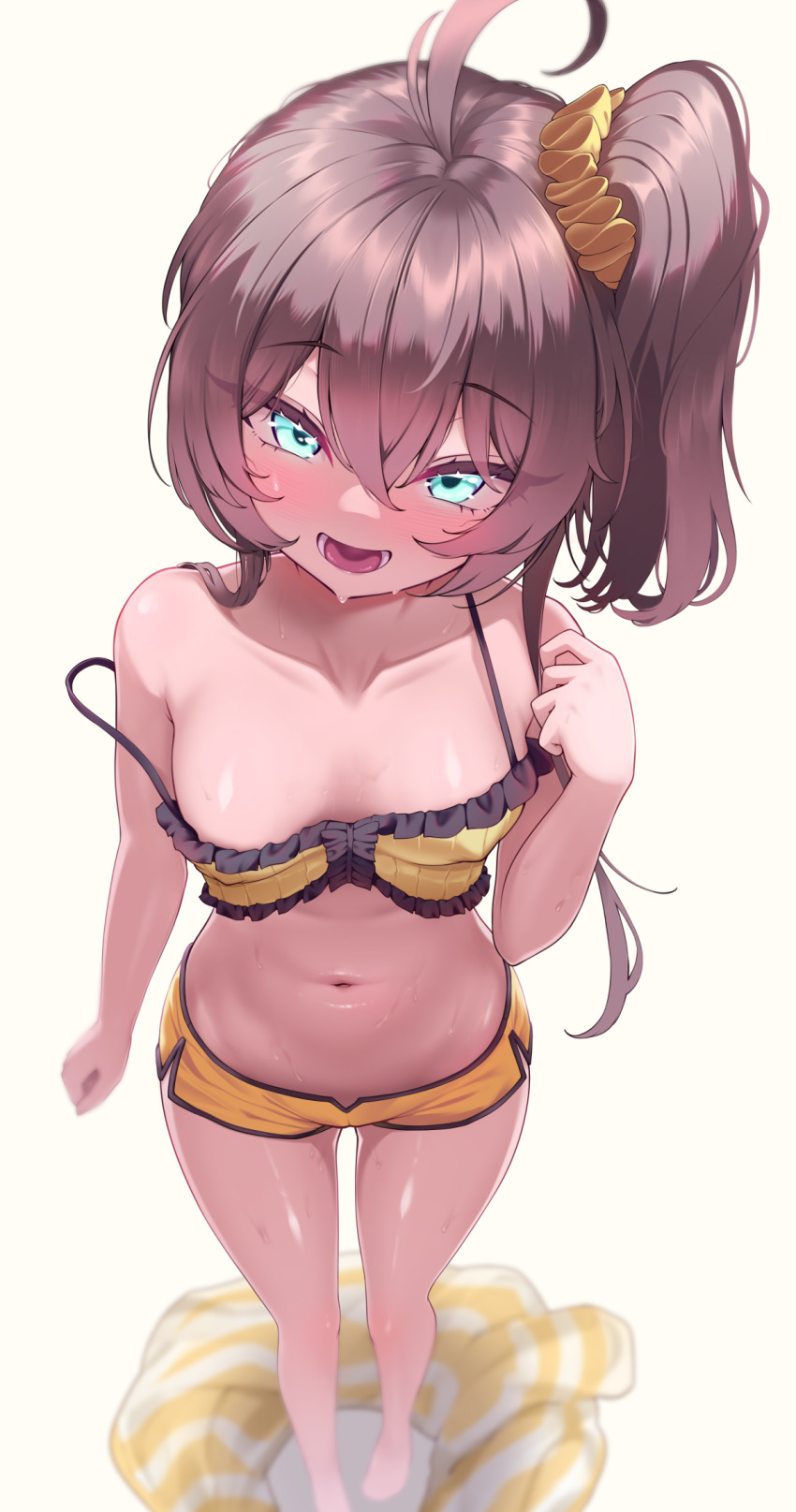 1girl, ahoge, aqua_eyes, bare_arms, blush, breasts, brown_hair, camisole, crop_top, dolphin_shorts, frilled_camisole, frills, full_body, hair_ornament, hair_scrunchie, hand_up, highres, hololive, hyeonin_gentora, jacket, looking_at_viewer, natsuiro_matsuri, natsuiro_matsuri_(matsuri's_day_off), navel, official_alternate_costume, open_mouth, scrunchie, short_hair_with_long_locks, short_shorts, shorts, side_ponytail, simple_background, small_breasts, solo, stomach, strap_slip, striped_clothes, striped_jacket, unworn_jacket, virtual_youtuber, white_background, yellow_camisole, yellow_jacket, yellow_shorts