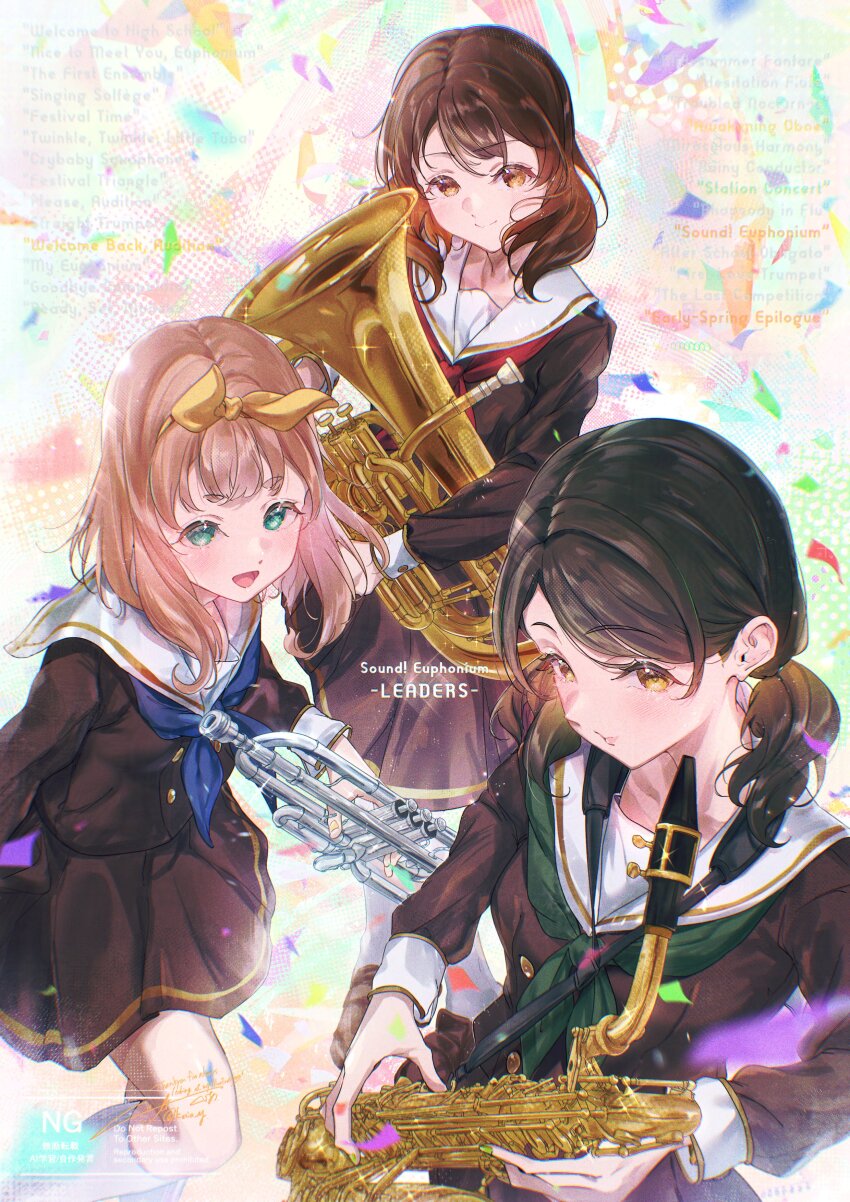 3girls, absurdres, baritone_saxophone, black_hair, blonde_hair, blue_neckerchief, blush, brown_eyes