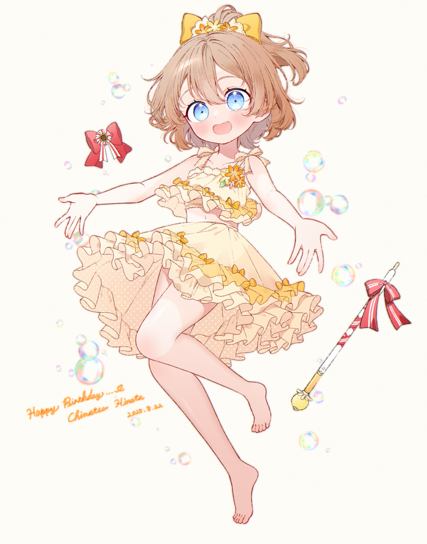 1girl, :d, absurdres, bare_arms, bare_shoulders, barefoot, blue_eyes, blush