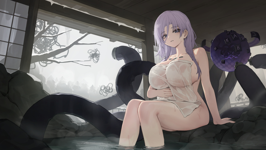 1girl, absurdres, arm_support, bare_shoulders, blue_eyes, branch, breasts, cleavage