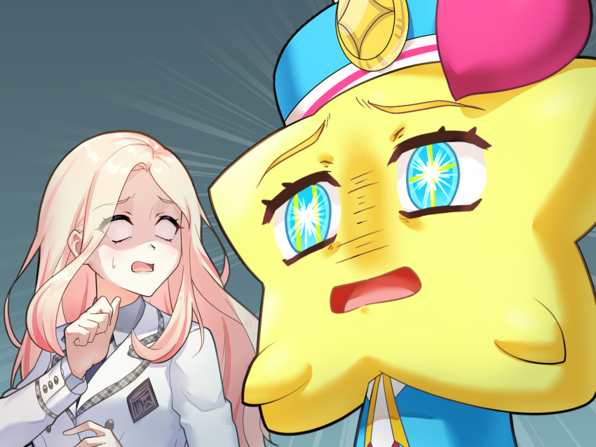 1girl, 1other, blonde_hair, blue_eyes, blue_hat, crypthiyama, gag_manga_biyori, gakuen_idolmaster