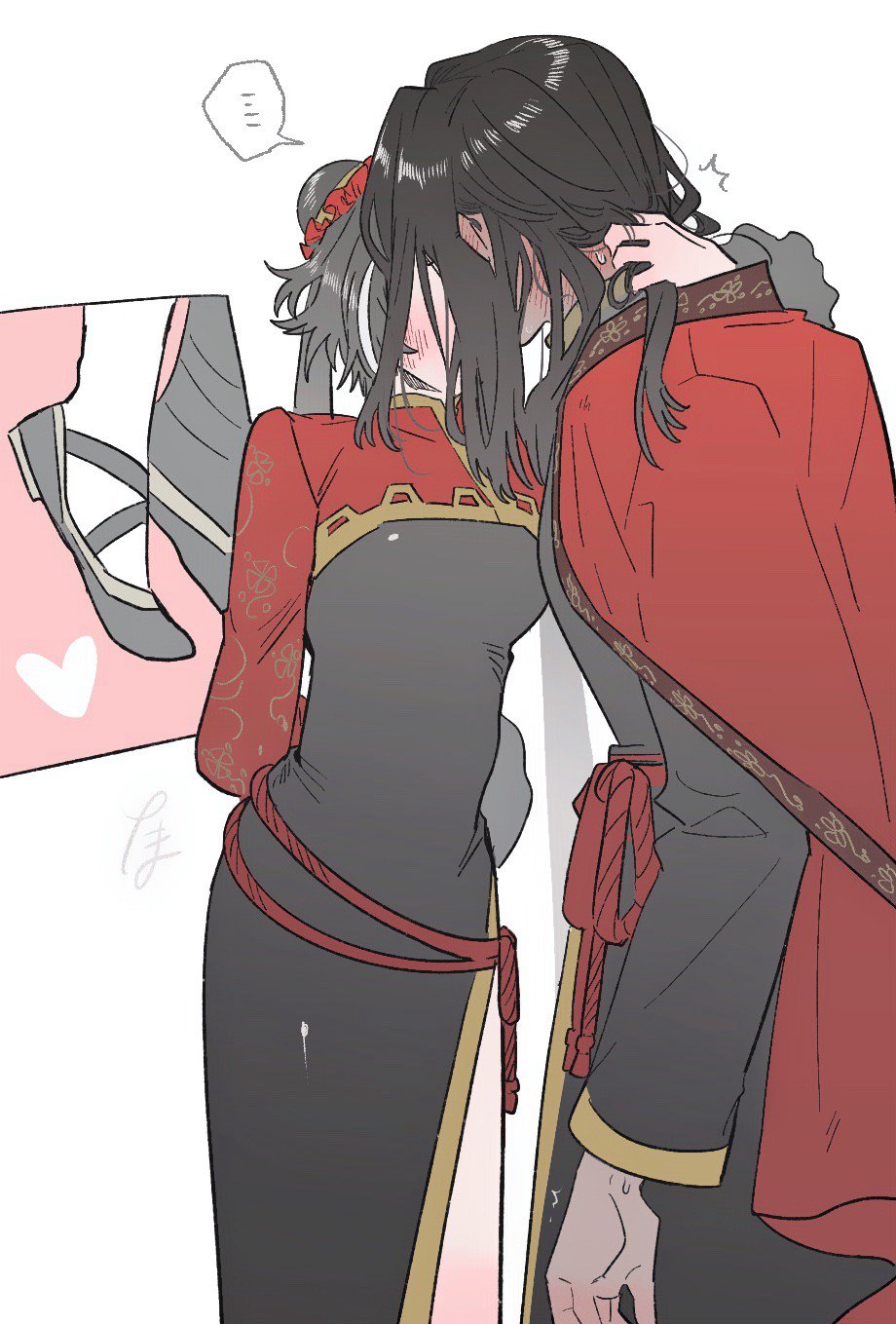 1boy, 1girl, arms_behind_back, black_dress, black_hair, black_shoes, breasts, chinese_clothes, commentary_request, dress, hair_bun, hand_on_another's_neck, heart, highres, jia_xichun_(project_moon), kiss, limbus_company, long_hair, long_sleeves, multicolored_hair, project_moon, shoes, side_slit, simple_background, streaked_hair, tama_launcher, tiptoes, twintails, wei_(project_moon), white_background