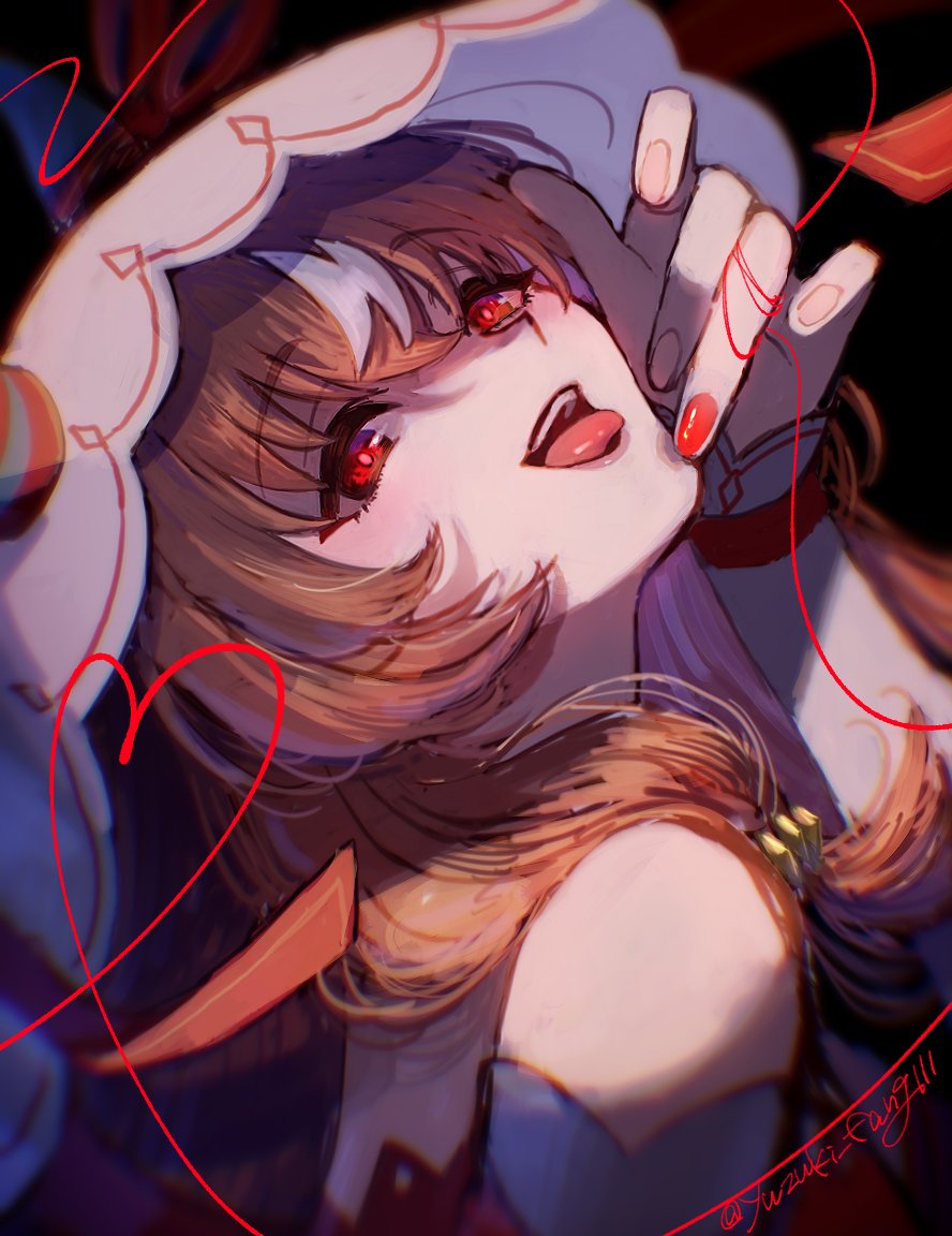 1girl, animal_ears, bare_shoulders, brown_hair, dress, hair_over_shoulder, horse_ears, horse_girl