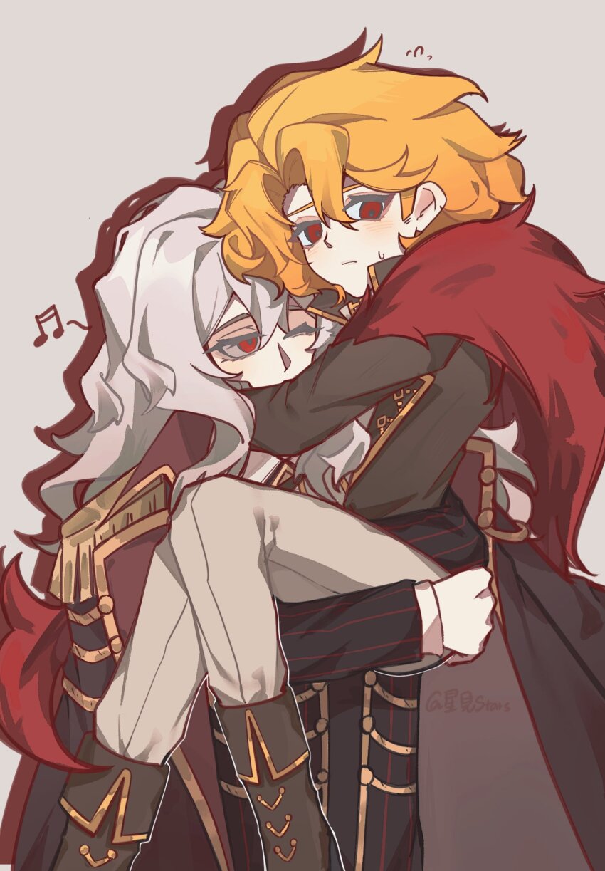 1boy, 1girl, black_coat, black_shoes, blonde_hair, closed_mouth, coat, don_quixote_(project_moon)