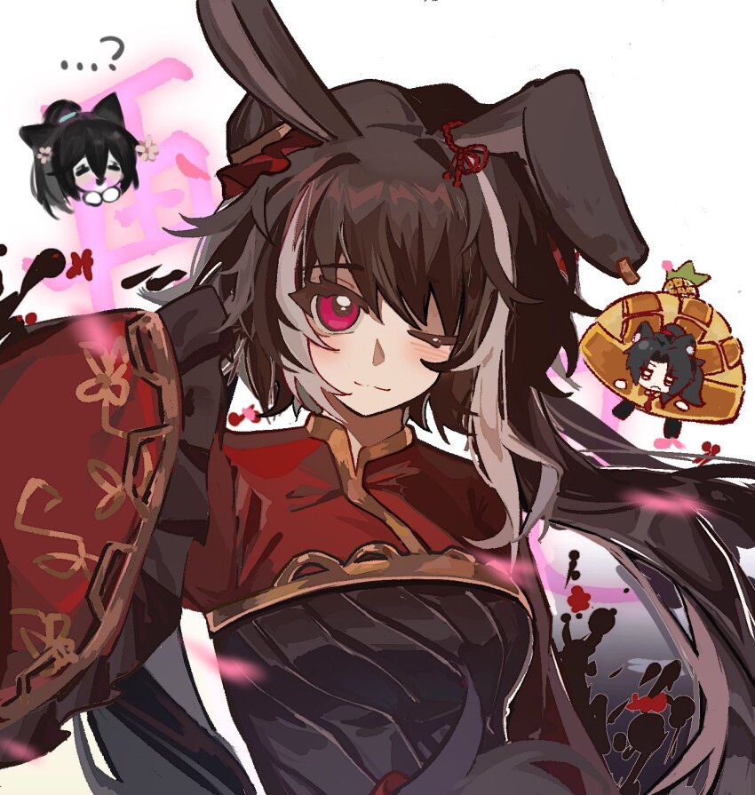 1girl, 2boys, animal_ears, black_dress, black_hair, chibi, chibi_inset, chinese_clothes