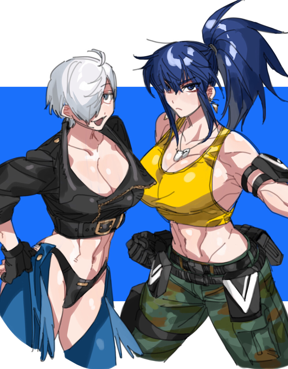 abs, angel_(kof), arm_pouch, backless_pants, bare_shoulders, biceps, black_gloves, blue_eyes