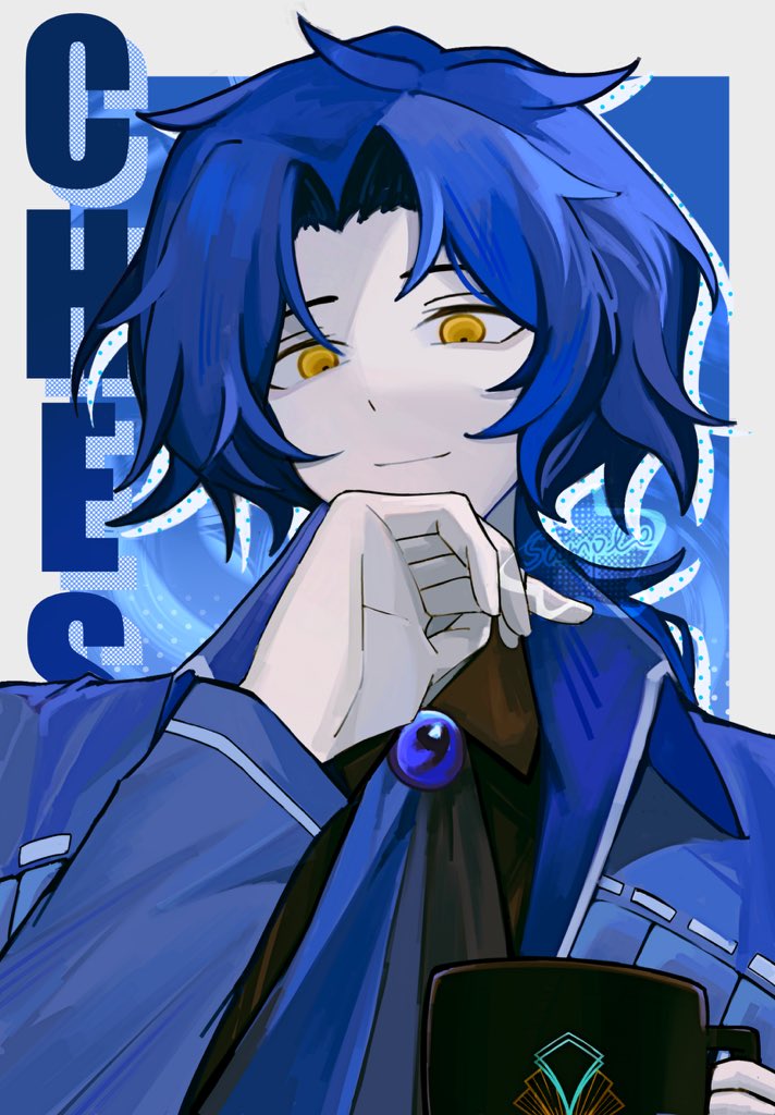 1boy, ascot, black_shirt, blue_ascot, blue_background, blue_coat, blue_hair, border