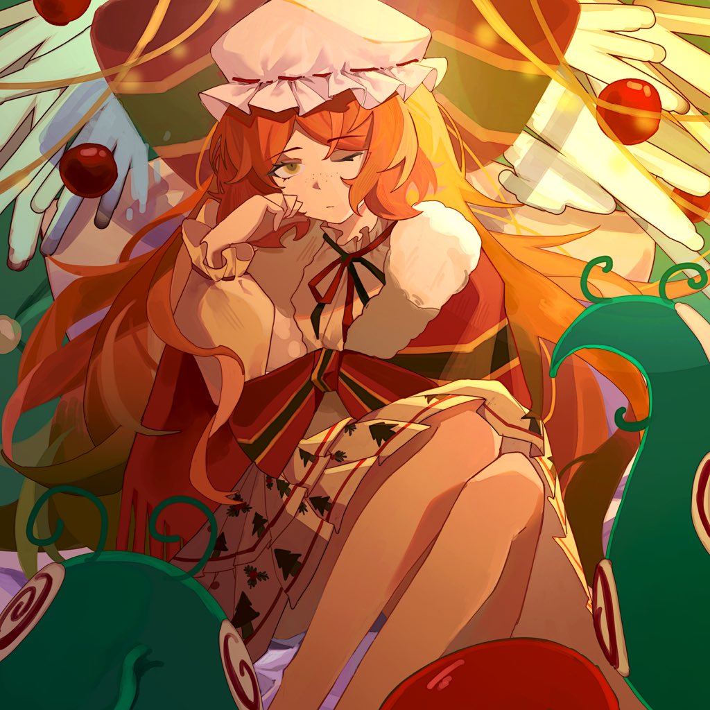 1girl, bow, bowtie, christmas_nightmare_(e.g.o), dress, e.g.o_(project_moon), freckles, fur-trimmed_shawl