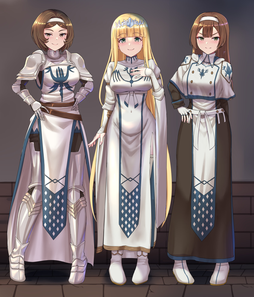 3girls, armor, blonde_hair, blush, breasts, brown_eyes, brown_hair, calca_bessarez, closed_mouth, eyebrows_hidden_by_hair, full_body, gauntlets, greaves, green_eyes, hand_on_own_hip, highres, kelart_custodio, long_hair, looking_at_viewer, medium_breasts, multiple_girls, nuppunuppu, overlord_(maruyama), pauldrons, remedios_custodio, robe, short_hair, shoulder_armor, smile, tiara, very_long_hair, white_robe