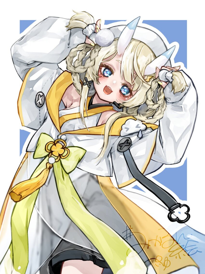 1girl, arched_back, arms_up, bare_shoulders, black_skirt, blonde_hair, blue_background, blue_eyes, blue_horns, blue_tail, blush, border, braid, coat, coat_partially_removed, cowboy_shot, fangs, flower_knot, hair_lift, hair_ornament, hair_over_shoulder, hakama, hakama_skirt, hat, headset, highres, holding, holding_own_hair, horns, japanese_clothes, kadou_mikaru, kimono, layered_sleeves, lightning_bolt, lightning_bolt_hair_ornament, lightning_bolt_symbol, long_sleeves, looking_at_viewer, low_twin_braids, miniskirt, multicolored_horns, nail_polish, nijisanji, open_mouth, outline, peiyutwitt, pom_pom_(clothes), pom_pom_hair_ornament, puffy_long_sleeves, puffy_sleeves, ribbon, screw, see-through_clothes, short_over_long_sleeves, short_sleeves, sidelocks, simple_background, skirt, solo, standing, tassel, teruterubouzu, twin_braids, two-tone_horns, two-tone_tail, virtual_youtuber, watermark, white_border, white_coat, white_hat, white_horns, white_kimono, white_outline, white_tail, x_hair_ornament, yellow_nails, yellow_ribbon, yellow_trim