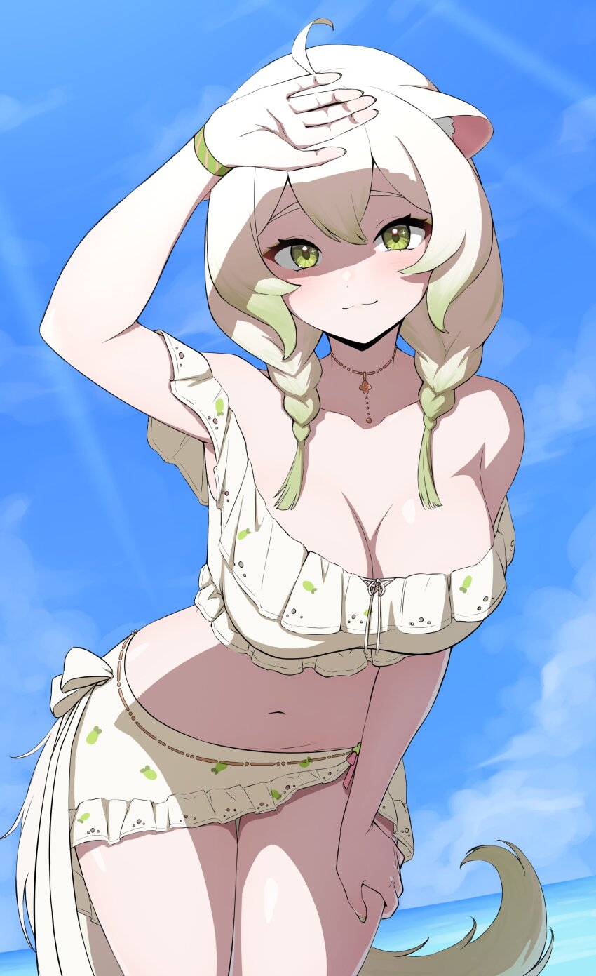 1girl, absurdres, ahoge, animal_ears, bare_shoulders, beach, belly, braid