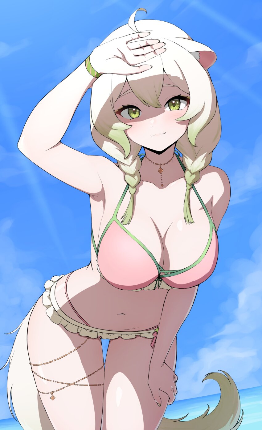 1girl, absurdres, ahoge, animal_ears, beach, belly, bikini, braid, breasts, daydarion, ferret, ferret_ears, ferret_girl, ferret_tail, gold_choker, gold_thighlet, gradient_hair, gradient_tail, green_eyes, green_hair, green_nails, green_tail, hair_between_eyes, high-waist_bikini, highres, limealicious, limealicious_(summer), large_breasts, microskirt, multicolored_hair, multicolored_tail, navel, ocean, pink_nails, shadow, skirt, summer, swimsuit, tail, thick_thighs, thigh_gap, thighlet, thighs, twin_braids, two-tone_hair, two-tone_tail, vinesauce, virtual_youtuber, white_hair, white_tail