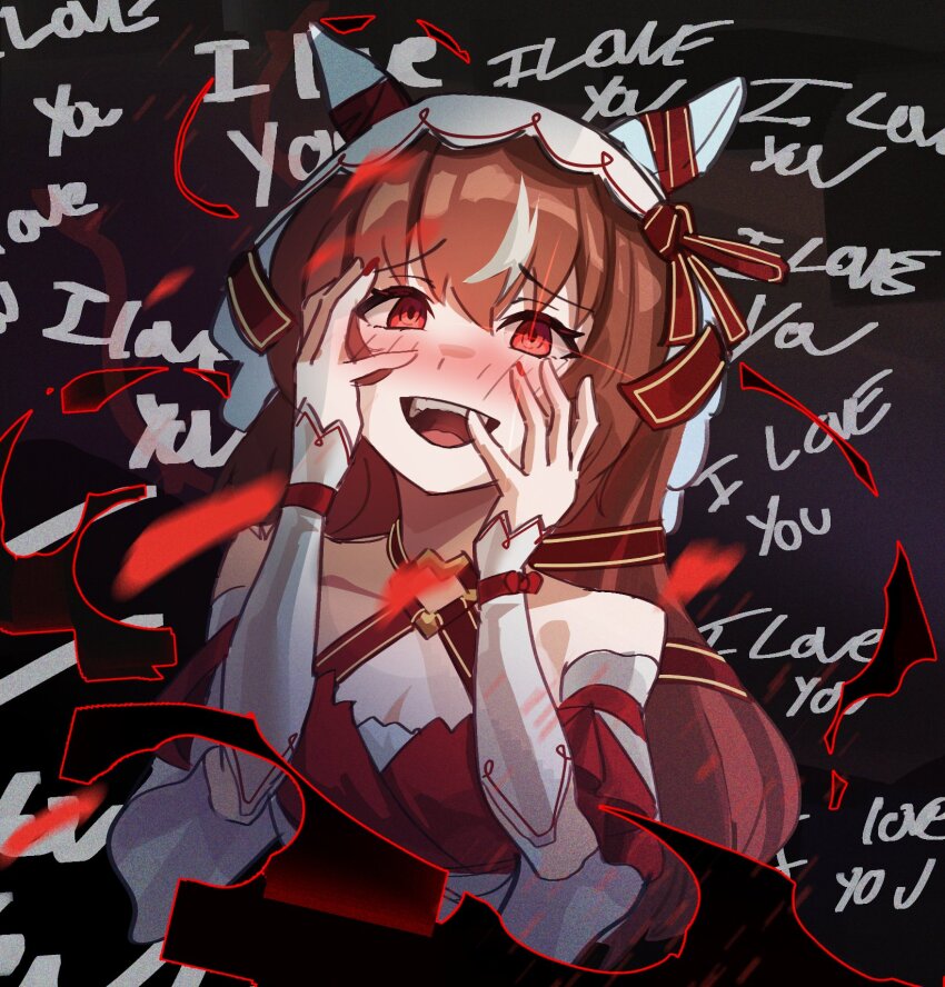 animal_ears, breasts, brown_hair, collarbone, ear_covers, english_text, hair_between_eyes, hair_ornament