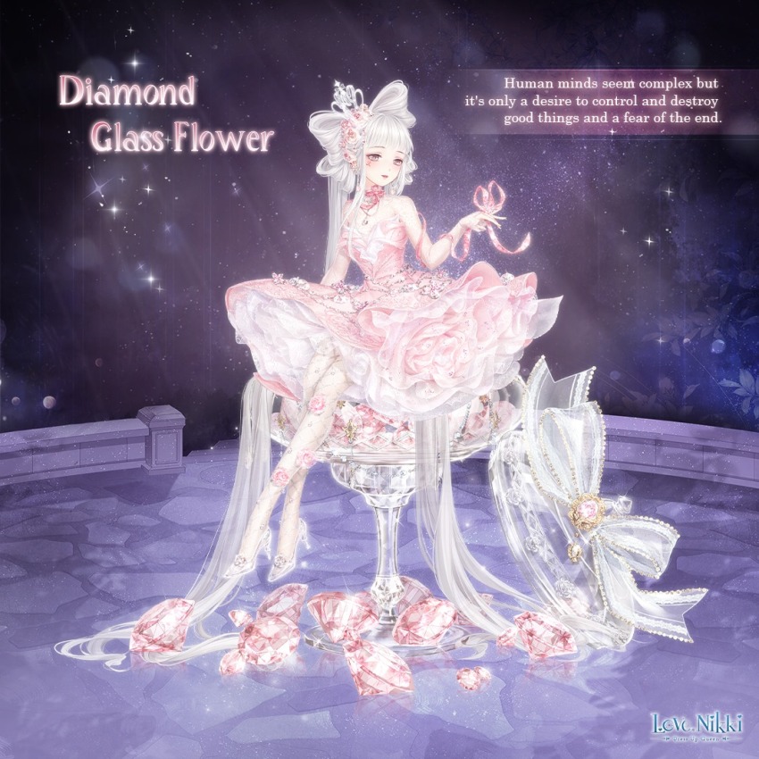 1girl, absurdly_long_hair, arm_ribbon, artist_request, blunt_bangs, bow, bow-shaped_hair, bow_choker, bowtie, character_name, choker, closed_mouth, copyright_name, crossed_legs, crown, cup, diamond_(gemstone), diamond_glass_flower_(miracle_nikki), dress, drinking_glass, english_text, eyelashes, eyeshadow, facial_tattoo, fishnet_pantyhose, fishnets, flower, flower_underskirt, frilled_dress, frills, full_body, gem, grey_eyes, grey_hair, hair_flower, hair_ornament, hair_spread_out, happy, heart, heart_tattoo, high_heels, jewelry, light_blush, light_rays, lipstick, logo, long_hair, looking_at_hand, makeup, medium_dress, melody_(red-lion), mini_crown, miracle_nikki, moonlight, necklace, night, nikki_(series), official_art, outdoors, outstretched_hand, pantyhose, petticoat, pink_bow, pink_bowtie, pink_choker, pink_dress, pink_eyeshadow, pink_flower, pink_gem, pink_ribbon, pink_rose, ribbon, rose, shoes, short_dress, sitting, sky, smile, solo, stage, star_(sky), starry_sky, stiletto_heels, tattoo, twintails, very_long_hair, white_crown, white_pantyhose, white_shoes, wine_glass