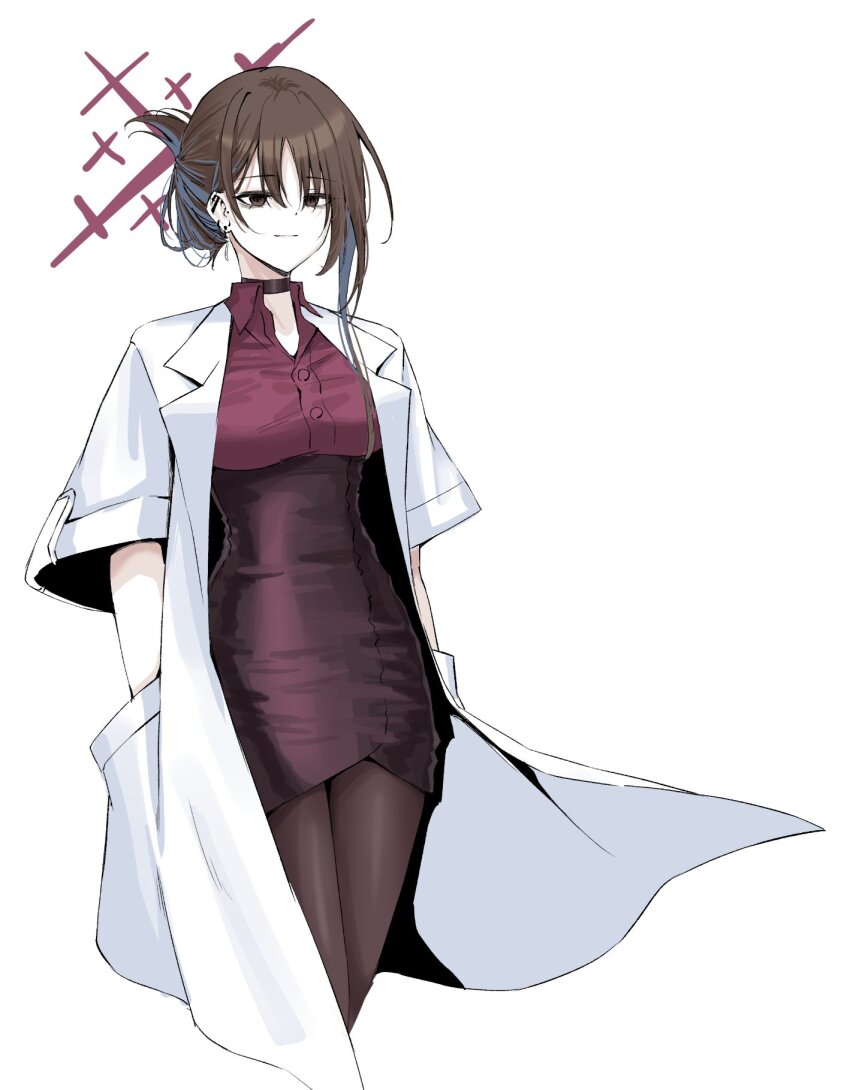1girl, barbell_piercing, blue_archive, brown_hair, coat, dress, ear_piercing, folded_ponytail