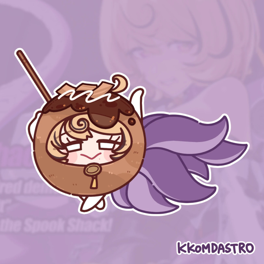 1girl, arm_up, artist_name, blank_eyes, blonde_hair, blush_stickers, chibi, closed_mouth