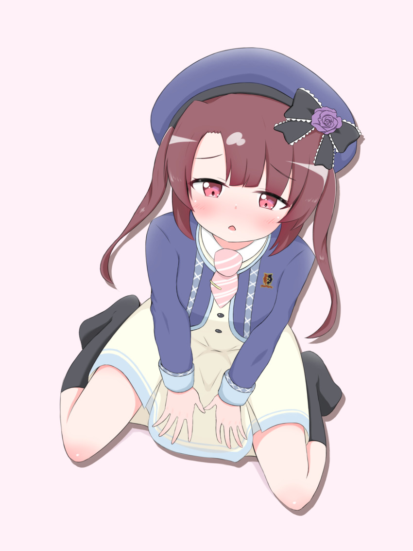 1girl, absurdres, blush, bow, brown_hair, full_body, hat, heart