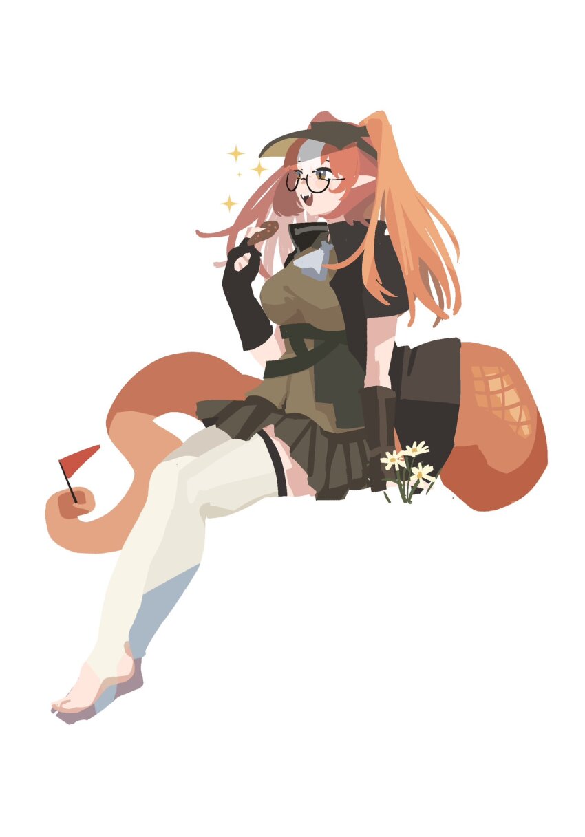 1girl, arknights, barefoot, black_gloves, breasts, commentary, cookie, fingerless_gloves