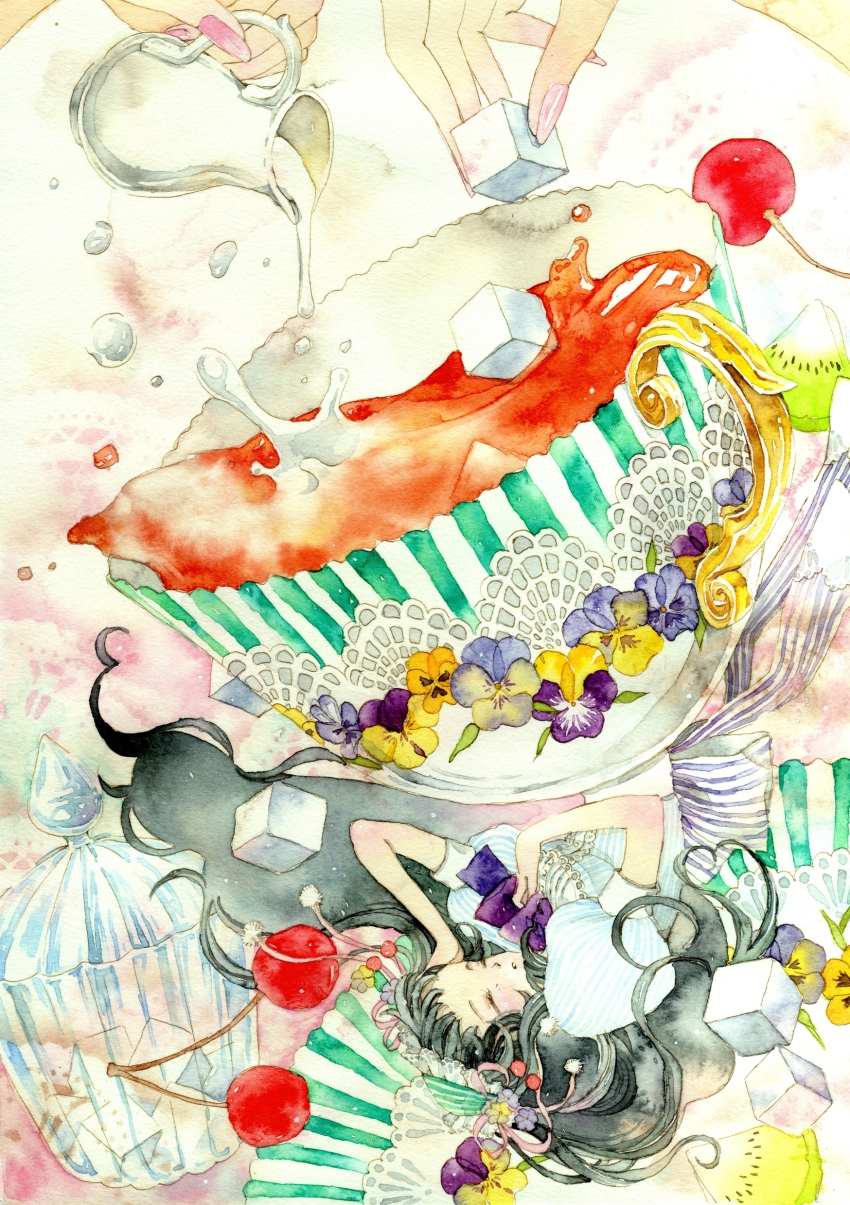 1girl, absurdres, black_hair, blush, cherry, cup, closed_eyes, flower