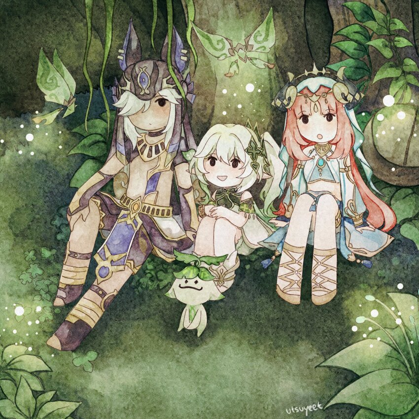 1boy, 2girls, animal_hood, aranara_(genshin_impact), black_shorts, blue_veil, crop_top, crystalfly_(genshin_impact)