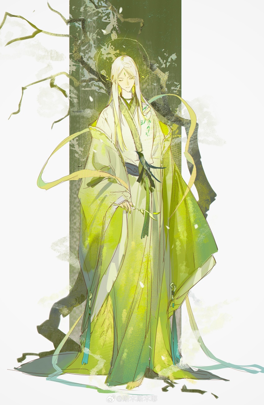 1boy, absurdres, arms_at_sides, bare_tree, black_sash, border, branch, chinese_clothes