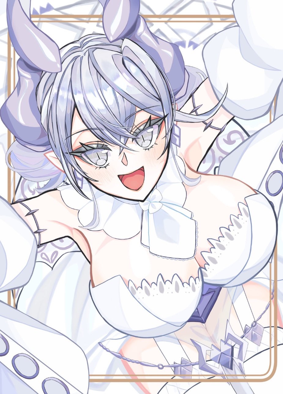 1girl, armpits, bent_over, breasts, cleavage, cowboy_shot, demon_girl, demon_horns, demon_wings, dress, drill_hair, duel_monster, eyelashes, grey_eyes, grey_hair, highres, horns, large_breasts, looking_at_viewer, lovely_labrynth_of_the_silver_castle, open_mouth, pointy_ears, reaching, reaching_towards_viewer, sira_tise, smile, solo, strapless, strapless_dress, thighhighs, twin_drills, white_background, white_thighhighs, white_wings, wings, yu-gi-oh!