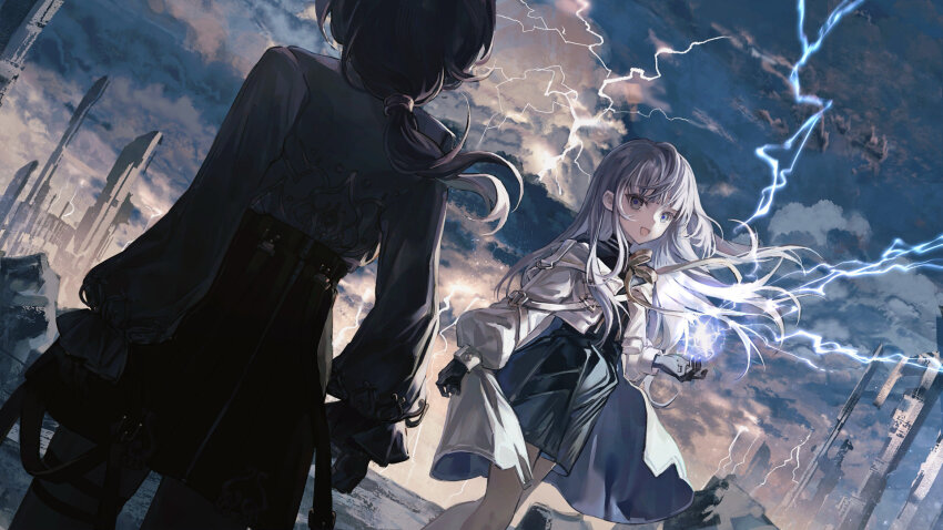 2girls, angel_wings, arcaea, artist_request, bandage_on_face, bandages, bandaid, bandaid_on_face