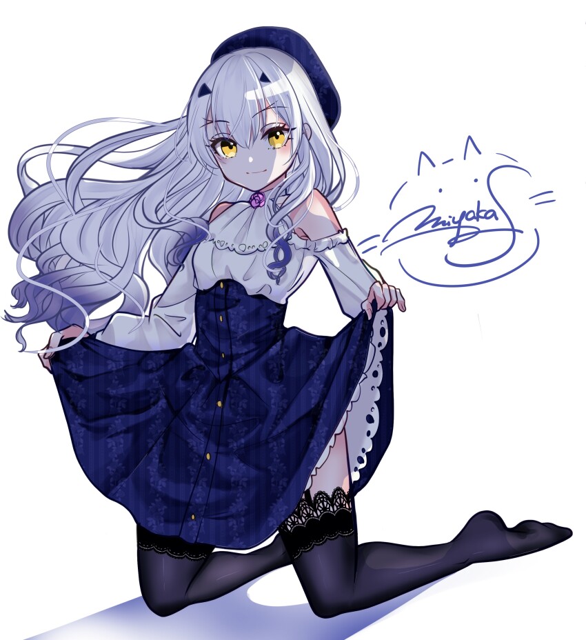 1girl, absurdres, alternate_costume, ascot, bare_shoulders, beret, black_garter_straps, black_thighhighs