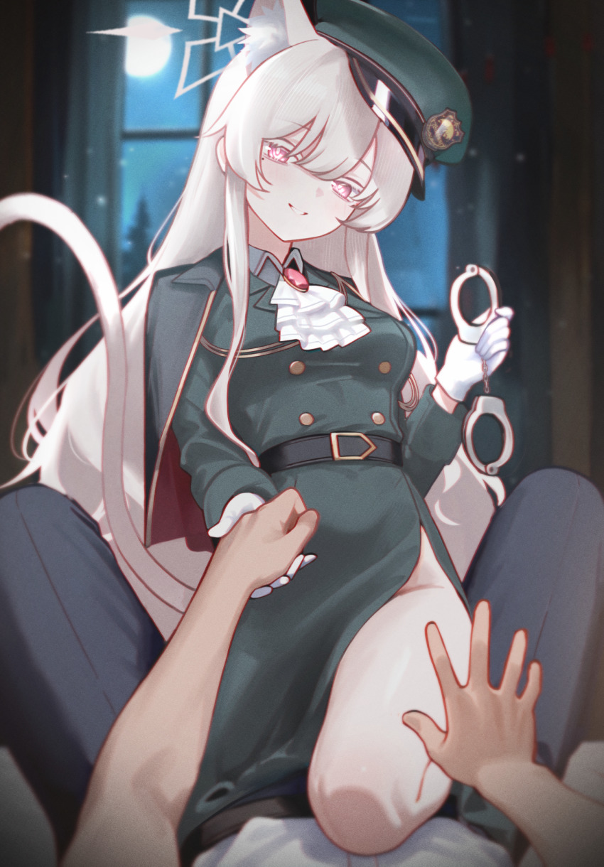 1boy, 1girl, akira_(blue_archive), akira_(miria)_(blue_archive), animal_ear_fluff, animal_ears, ascot, belt, black_pants, blue_archive, cat_ears, cat_girl, cat_tail, cuffs, extra_ears, girl_on_top, gloves, green_jacket, green_skirt, hair_between_eyes, halo, hand_grab, handcuffs, highres, holding, holding_handcuffs, indoors, jacket, long_hair, looking_at_viewer, mellow_(srpp4843), moon, night, pants, parted_lips, pink_eyes, pink_halo, pov, red_eyes, shirt, sidelocks, skirt, smile, tail, white_ascot, white_gloves, white_hair, white_shirt