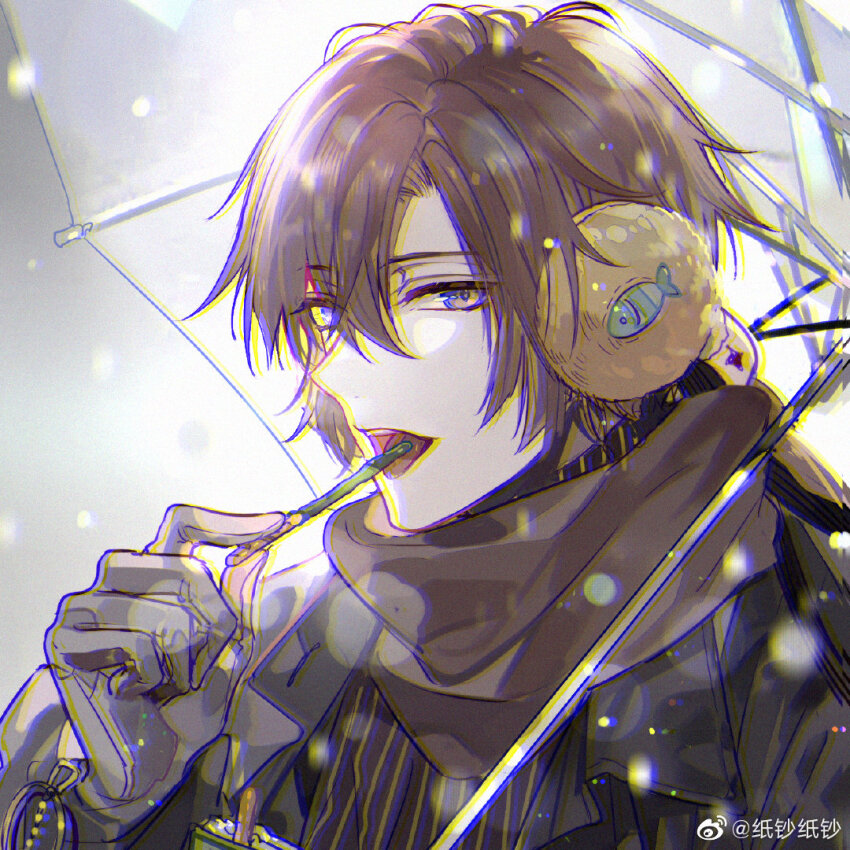 1boy, :d, alternate_costume, breath, brown_hair, brown_scarf, brown_shirt, chinese_commentary, chromatic_aberration, curtained_hair, earmuffs, eating, food, gloves, grey_background, grey_gloves, grey_jacket, hair_between_eyes, holding, holding_food, holding_pocky, jacket, lapels, long_hair, long_sleeves, looking_at_viewer, lovebrush_chronicles, male_focus, nevakuma_(fanfanas), notched_lapels, o'connor_(lovebrush_chronicles), open_clothes, open_jacket, open_mouth, pinstripe_pattern, pinstripe_shirt, pocky, purple_eyes, scarf, shirt, sideways_glance, smile, snowing, solo, teeth, transparent, transparent_umbrella, turtleneck, turtleneck_shirt, umbrella, umbrella_over_shoulder, upper_teeth_only, watermark, weibo_watermark, winter_clothes