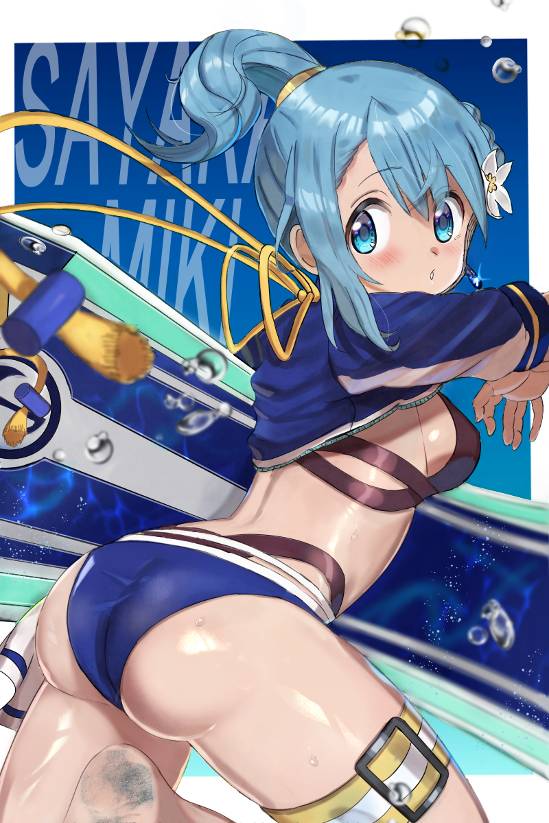 1girl, ass, belt, bikini, bikini_under_clothes, black_bikini, blue_eyes, blue_hair, blue_jacket, border, breasts, character_name, commentary_request, cropped_jacket, flower, hair_flower, hair_ornament, highres, hitoshi_suda, holding, holding_surfboard, jacket, looking_at_viewer, looking_back, magia_record:_mahou_shoujo_madoka_magica_gaiden, mahou_shoujo_madoka_magica, miki_sayaka, miki_sayaka_(surfer_ver.), outside_border, soles, solo, surfboard, swimsuit, thigh_belt, thigh_strap, water_drop, white_border