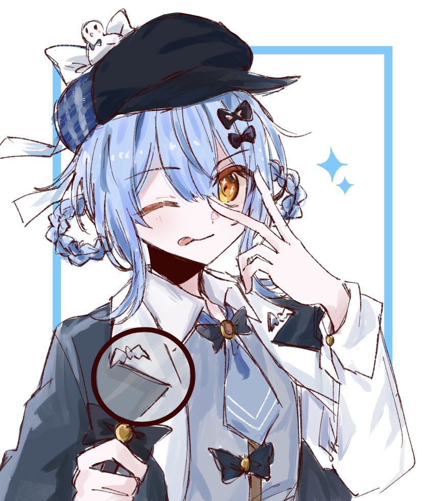 1girl, :p, bird_hat_ornament, black_bow, black_capelet, black_hat, blue_eyes, blue_necktie