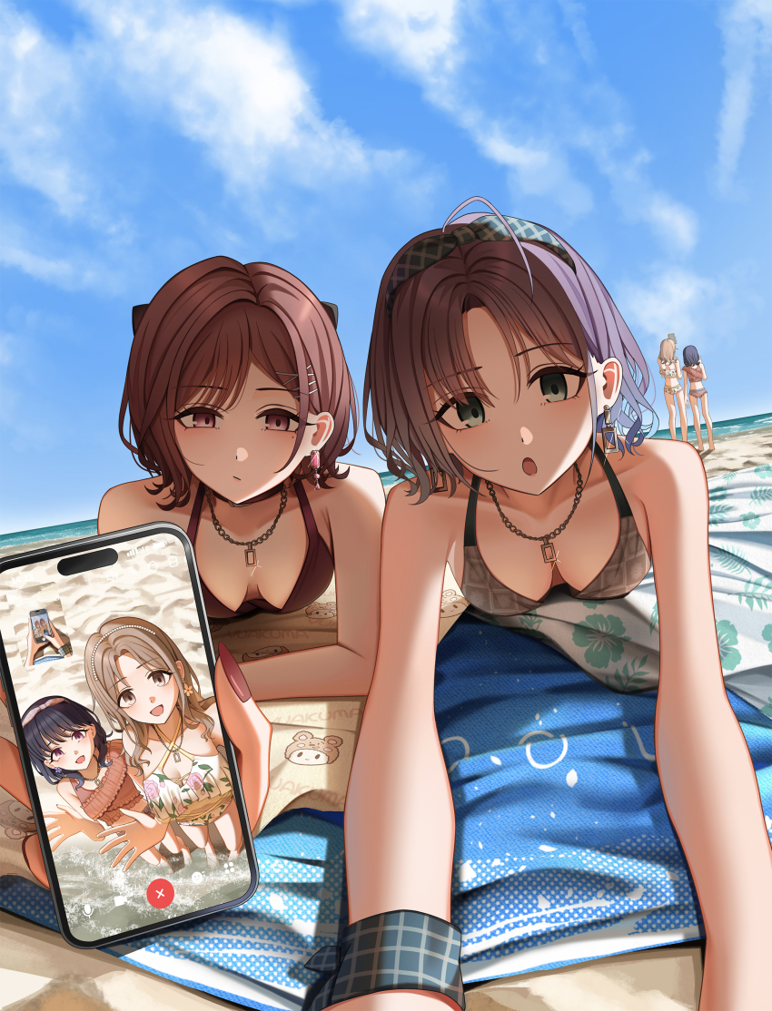 4girls, absurdres, asakura_toru, beach, bikini, blush, breasts, brown_hair, cellphone, cellphone_photo, collarbone, earrings, fingernails, fukumaru_koito, highres, higuchi_madoka, holding, holding_phone, ichikawa_hinana, idolmaster, idolmaster_shiny_colors, jewelry, kyamcya, looking_at_viewer, lying, mat, medium_breasts, mole, mole_under_eye, multiple_girls, nail_polish, necklace, on_stomach, outdoors, phone, purple_hair, sand, smartphone, swimsuit, video_call