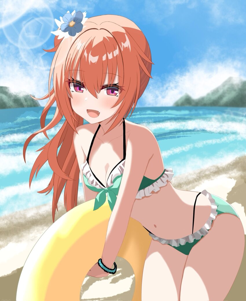 1girl, :d, alternate_costume, bare_shoulders, beach, bikini, blue_flower, blue_sky