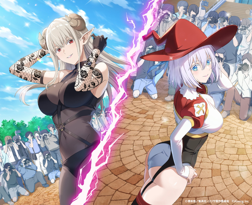 2.5_jigen_no_ririsa, 2.5_jigen_no_ririsa_tenshitachi_no_stage, 2girls, 753_(2.5_jigen_no_ririsa), ass, bare_shoulders, black_gloves, black_leotard