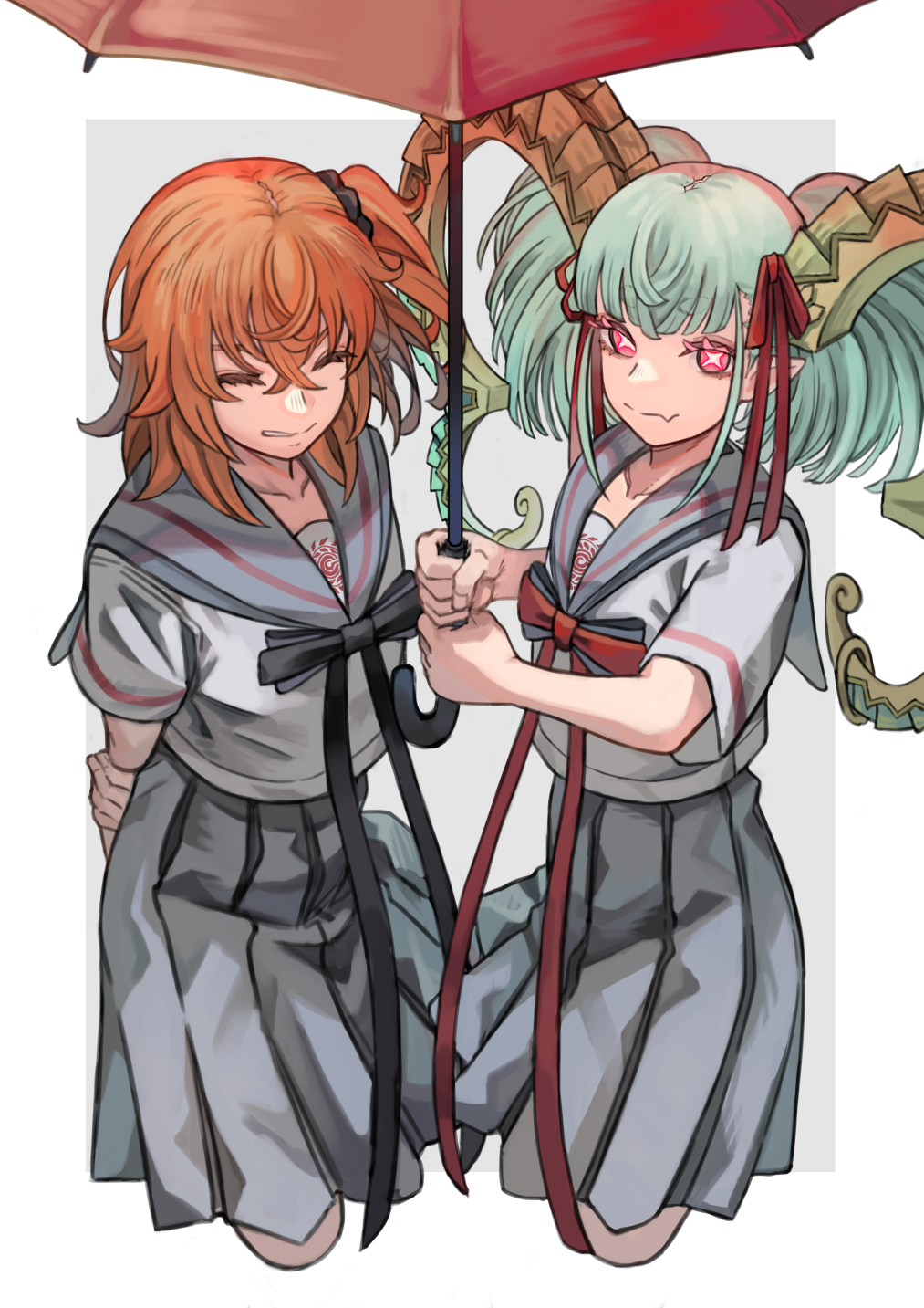 2girls, ahoge, aqua_hair, breasts, fate/grand_order, fate_(series), fujimaru_ritsuka_(female), highres, horns, larva_tiamat_(fate), larva_tiamat_(swimsuit_archer)_(second_ascension)_(fate), looking_at_viewer, medium_breasts, medium_hair, multiple_girls, one_side_up, orange_hair, shirt, short_hair, skirt, small_breasts, smile, tiamat_(fate), tiamat_(swimsuit_archer)_(fate), woong.i