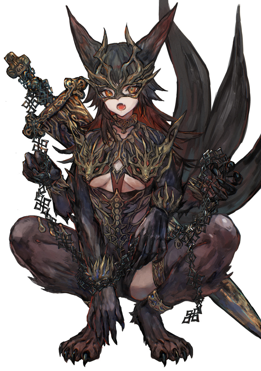 1girl, absurdres, animal_ears, anklet, black_hair, breasts, chain, dark_skin, elden_ring, elden_ring_nightreign, gladius_(elden_ring), highres, jewelry, long_hair, looking_at_viewer, mask, multicolored_hair, open_mouth, orange_eyes, personification, red_hair, sabamiso_taro, solo, spread_legs, squatting, sword, tail, two-tone_hair, underboob, weapon, weapon_on_back, white_background, wolf_ears, wolf_tail
