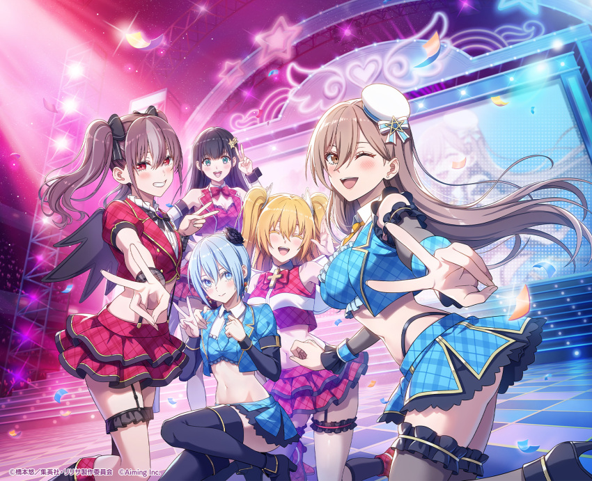 2.5_jigen_no_ririsa, 2.5_jigen_no_ririsa_tenshitachi_no_stage, 5girls, ;d, abe_marina, amano_ririsa, bare_shoulders, black_bow