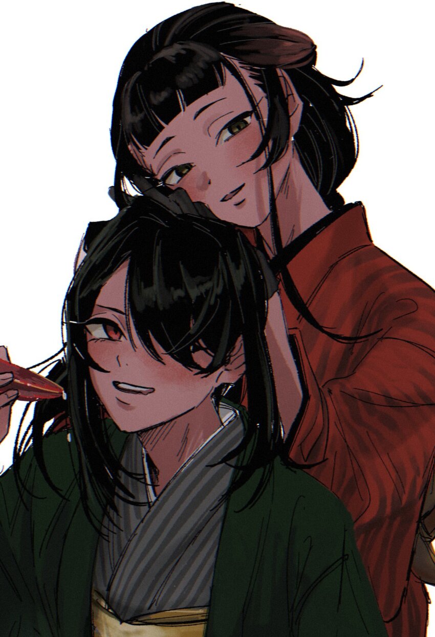 2girls, black_hair, brown_hair, grey_kimono, hair_over_one_eye, haori, highres, japanese_clothes