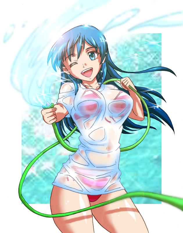 bikini, blue_eyes, blue_hair, hose, long_hair, one_eye_closed, original, see-through_clothes, shirt, striped_bikini, striped_clothes, swimsuit, t-shirt, tsukishima_chitose, water, wet, wet_clothes, wet_shirt, wink, yonecchi