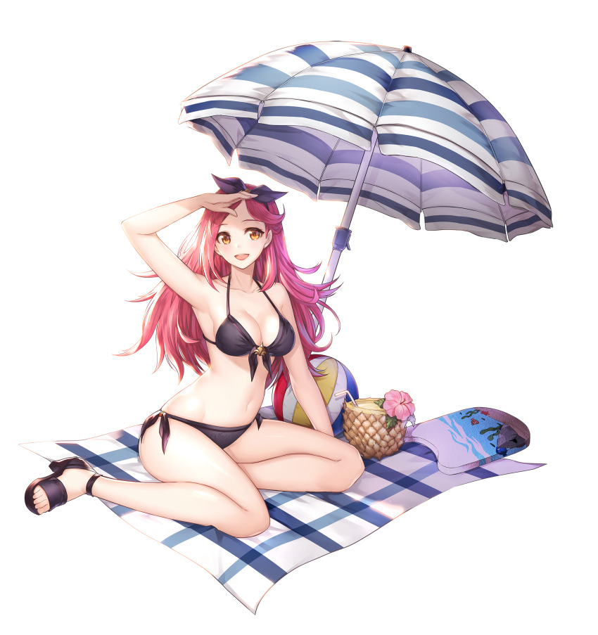 1girl, absurdres, arm_up, artist_request, ball, beach_towel, beach_umbrella, beachball
