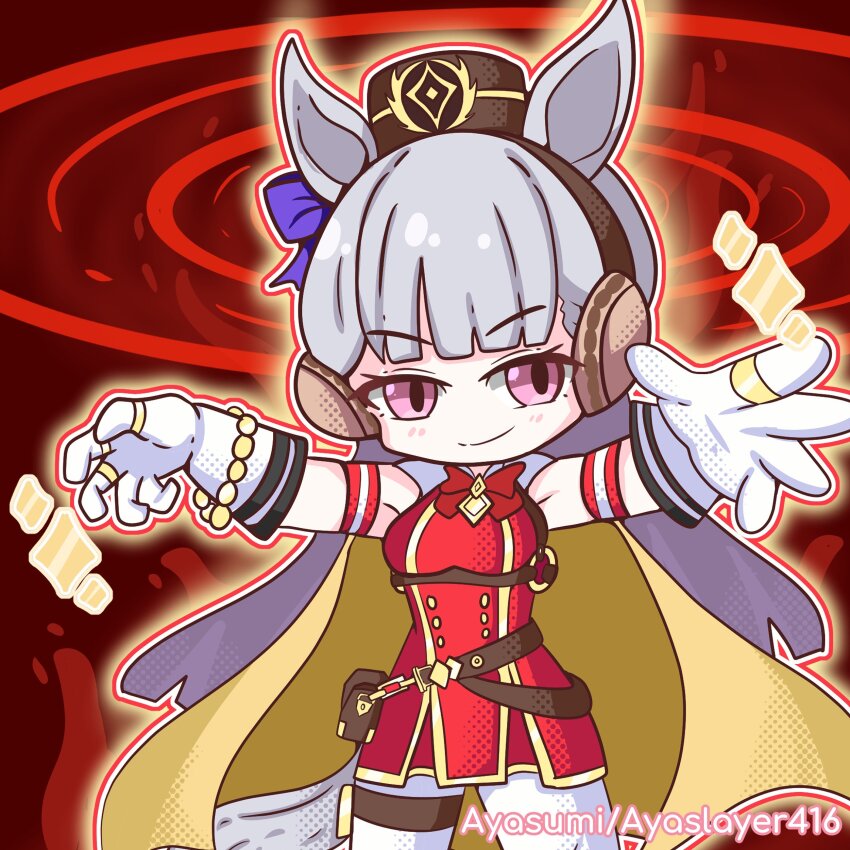 1girl, absurdres, animal_ears, ayasumi_(ayaslayer416), belt, ear_ornament, eldlich_the_golden_lord, gloves, gold_ship_(umamusume), hat, highres, horse_ears, horse_girl, jewelry, pantyhose, ring, sleeveless, umamusume, yu-gi-oh!