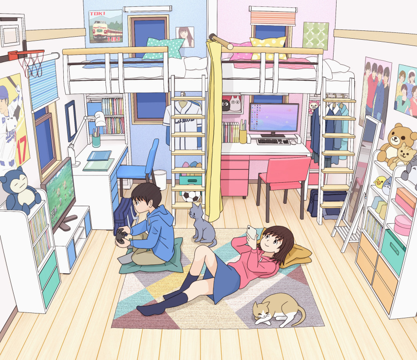 1boy, 1girl, animal, bag, ball, baseball_bat, basketball_hoop, bed