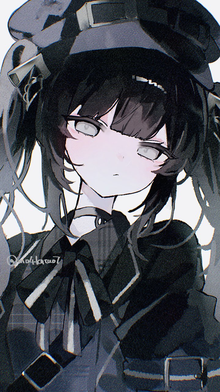 1girl, black_choker, black_hair, black_hat, black_ribbon, black_shirt, blunt_bangs, choker